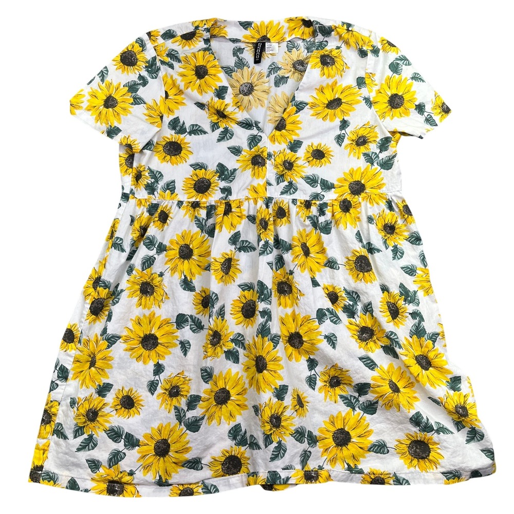 H&M Divided Sunflower Print Dress Short Sleeve Casual Summer White Yellow M/P